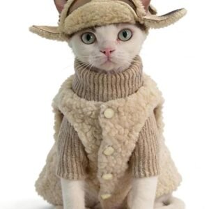 Retro Fleece Vest with Hat for Devon Rex and Hairless Cats Warm Winter Clothing for Cat & Dog (L(8-10lbs))