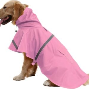 Large Dog Raincoat Adjustable Pet Water Proof Clothes Lightweight Rain Jacket Poncho Hoodies with Strip Reflective (XL, Pink)