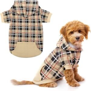 Plaid dog hoodie - British style warm dog sweater, with leash eye, pit bull outfit set, suitable for all dog breeds, including puppies, cats, etc., beige, medium