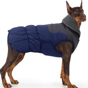 Dog Coats for Medium Dogs M, Waterproof Dog Jacket with Reflective Strips, Warm Pet Vest Snowsuit with Foldable High Collar for Cold Winter, Dark Blue