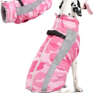 Dog Winter Jackets for Large Dogs,Dog Coat with Harness Built in,Waterproof Dogs Snowsuits Warm Pet Jacket Zip Up Fleece Cold Weather Coats Reflective Puppy Vest with Pocket Blue 3XL