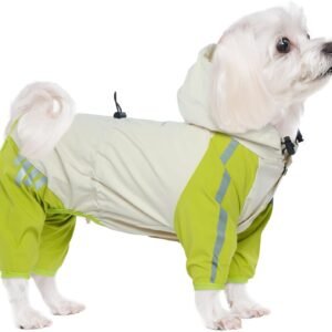 Dog Raincoat With Legs, Waterproof Clothes, Pet Rainproof Jacket With Leash Hole, Reflective Poncho for Small Dogs, Green M