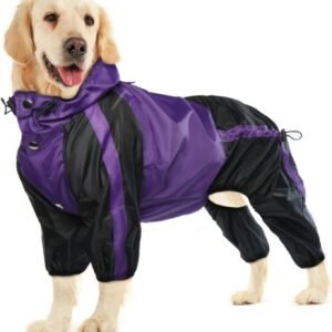 Dog Raincoat, Lightweight Rain Jacket, Adjustable 4-Legs Pet Poncho with Hood, Snow-Proof Dog Vest Rainwear, Rain Clothes Apparel with Leash Hole