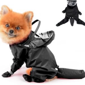 Small Dog Full Body Coverage Raincoat Solid Four-Leg Onesie Rain Jacket Waterproof Hoodie Puppy Clothes Button Lightweight Cats Costume, Black, S