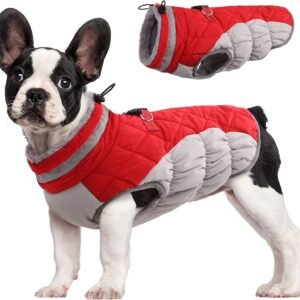 Dog Coat for Small Dogs,Waterproof Dog Winter Jacket with Harness Built in Puppy Cold Weather Coats Reflective Pet Vest with Zipper Warm Fleece Dogs Snowsuit Windproof Red S