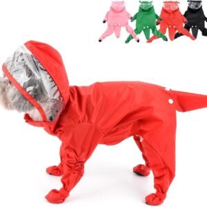 Waterproof Dog Raincoat with Hood for Small Dogs Rain Poncho Jumpsuit with Rain Boots Puppy Hooded Slicker Rainwear Four-Legged Pet Rain Jacket for Walking Red M