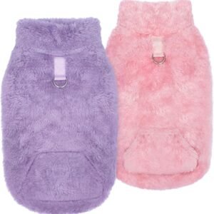 Fleece Dog Sweater Vest 2 Pack, Small Dog Clothes Sleeveless with Leash Ring and Pocket, Warm Puppy Sweatshirt Pet Cold Weather Pullover for Cats (Pink+Purple, Large)
