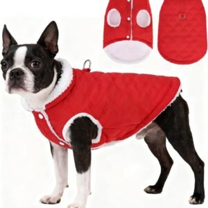 Dog Winter Coat, Warm Fleece Pet Jacket with Harness Built in, Water Resistant Windproof Collar Dog Puffer Vest, Doggy Snowsuits for Medium Small Dogs Cold Weather Apparel Outdoor, Red M