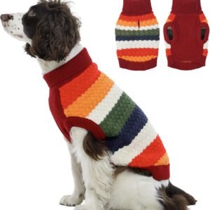 Large Dog Sweater, Turtleneck Knit Dog Sweaters for Large Dogs Colorful Strips Pet Knitted Vest Warm Clothes, Soft Puppy Sweater Thermal Sweatshirt for Xmas Holiday Cold Weather, Red XL