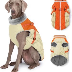 Dog Winter Coat with Harness, Dog Jacket, Pet Clothes with Zipper on Back, Waterproof Windproof Warm Vest, Reflective Cold Weather Coats, for Small Medium Large Dogs, Thick, Orange, M